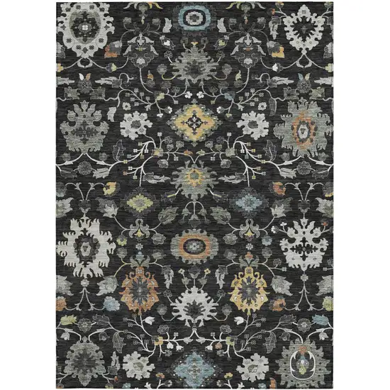Black And Gray Floral Medallion Washable Indoor Outdoor Area Rug Photo 3