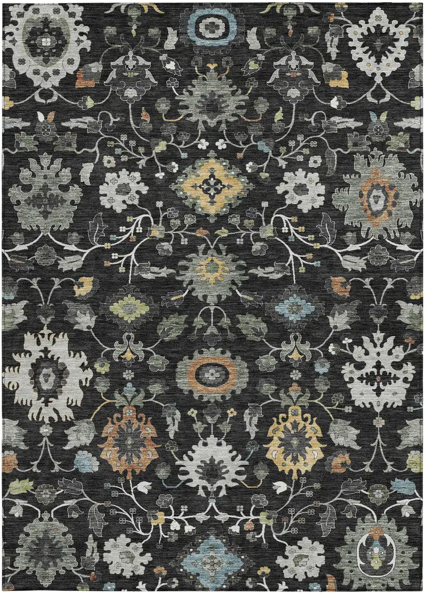 Black And Gray Floral Medallion Washable Indoor Outdoor Area Rug Photo 3