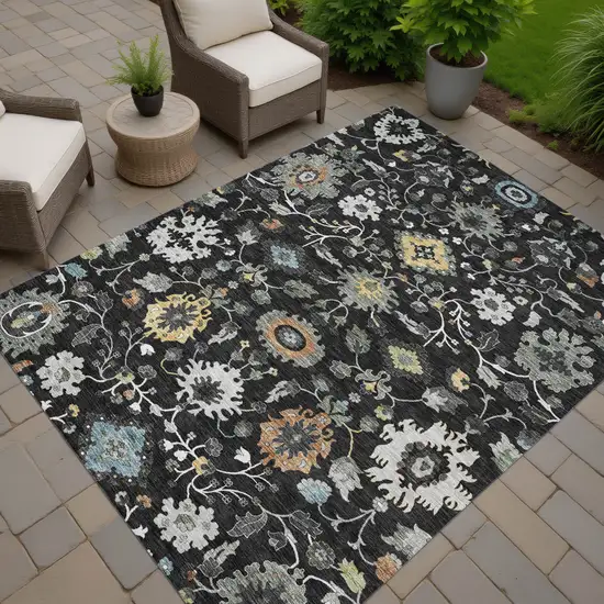 Black And Gray Floral Medallion Washable Indoor Outdoor Area Rug Photo 7