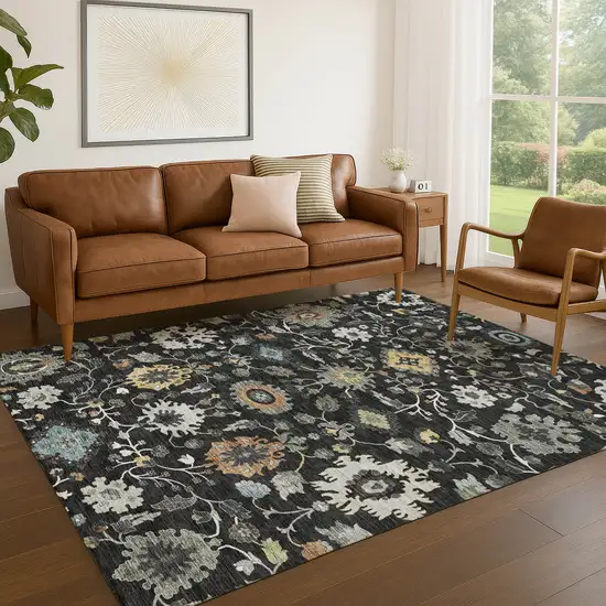 Black And Gray Floral Medallion Washable Indoor Outdoor Area Rug Photo 5