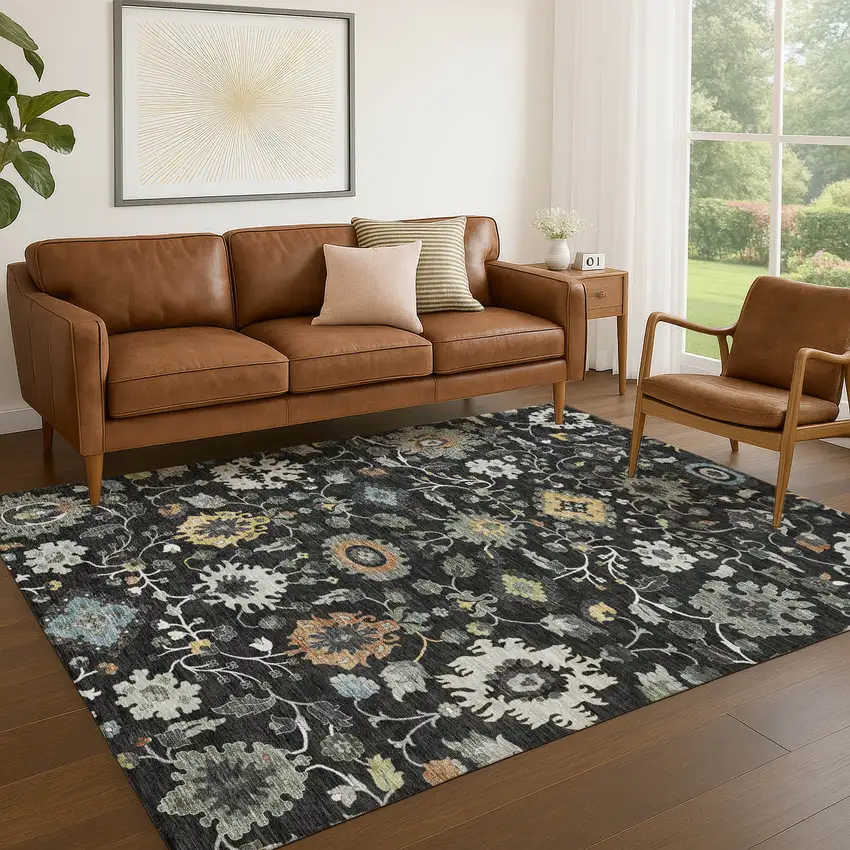 Black And Gray Floral Medallion Washable Indoor Outdoor Area Rug Photo 5