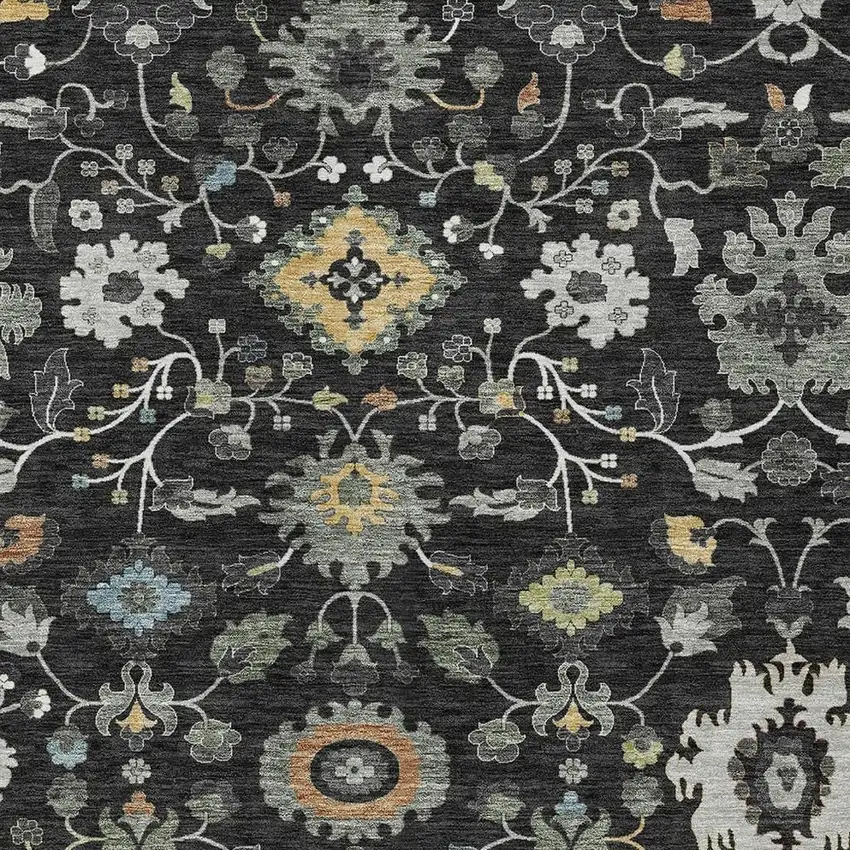 Black And Gray Floral Medallion Washable Indoor Outdoor Area Rug Photo 2