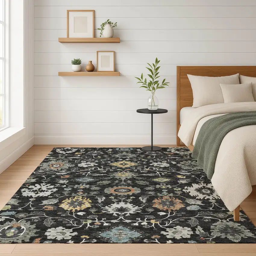 Black And Gray Floral Medallion Washable Indoor Outdoor Area Rug Photo 6