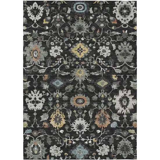 Black And Gray Floral Medallion Washable Indoor Outdoor Area Rug Photo 1