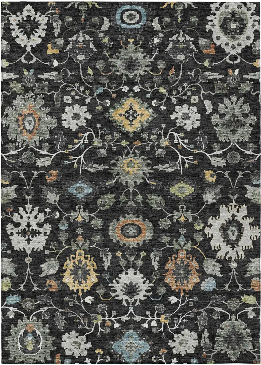 Black And Gray Floral Medallion Washable Indoor Outdoor Area Rug Photo 1