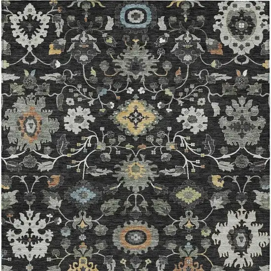 Black And Gray Floral Medallion Washable Indoor Outdoor Area Rug Photo 2