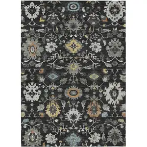 Photo of Black And Gray Floral Medallion Washable Indoor Outdoor Area Rug