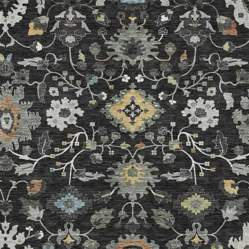 Black And Gray Floral Medallion Washable Indoor Outdoor Area Rug Photo 2