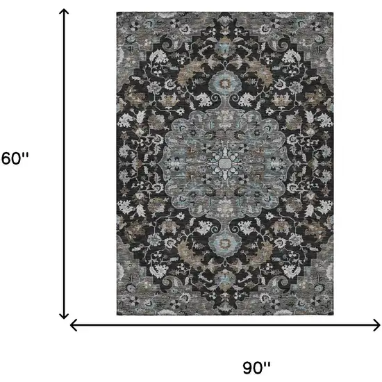 Black And Gray Floral Medallion Washable Indoor Outdoor Area Rug Photo 7