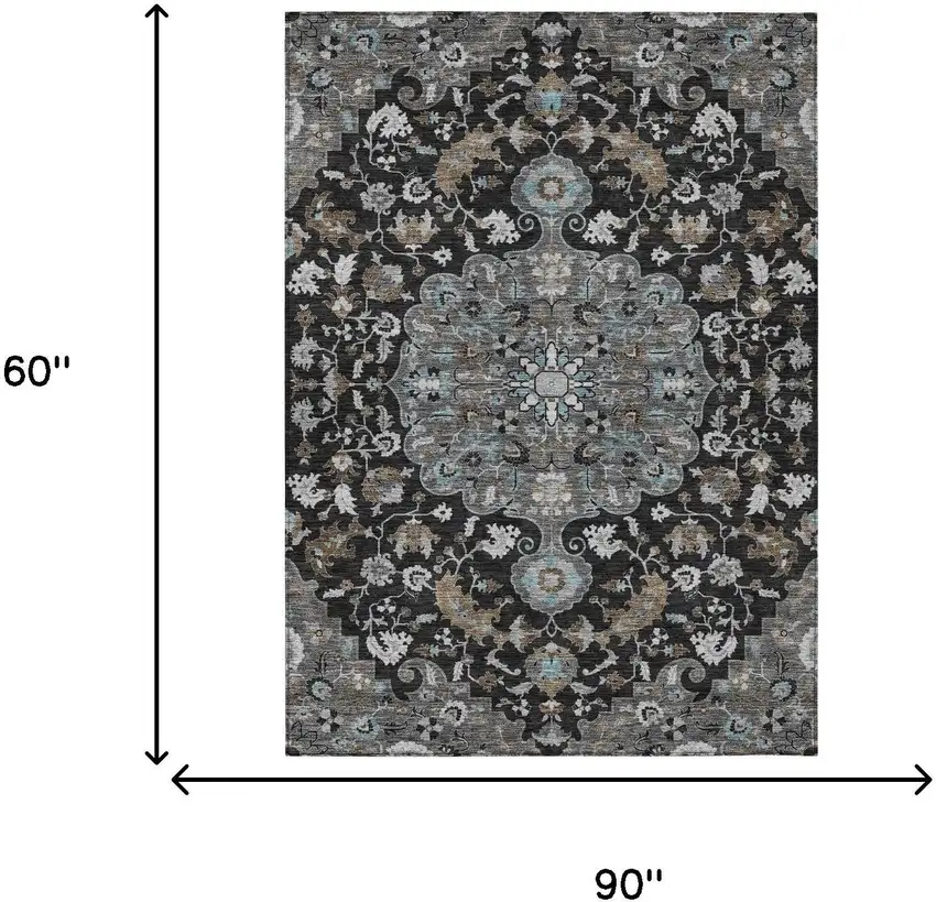 Black And Gray Floral Medallion Washable Indoor Outdoor Area Rug Photo 7