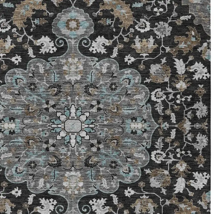 Black And Gray Floral Medallion Washable Indoor Outdoor Area Rug Photo 3