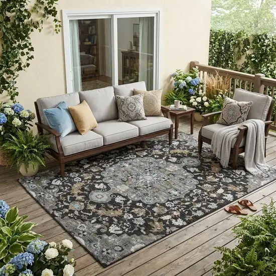 Black And Gray Floral Medallion Washable Indoor Outdoor Area Rug Photo 1