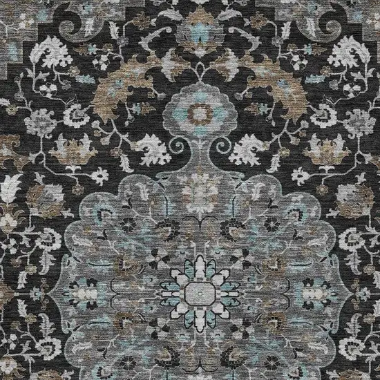 Black And Gray Floral Medallion Washable Indoor Outdoor Area Rug Photo 3