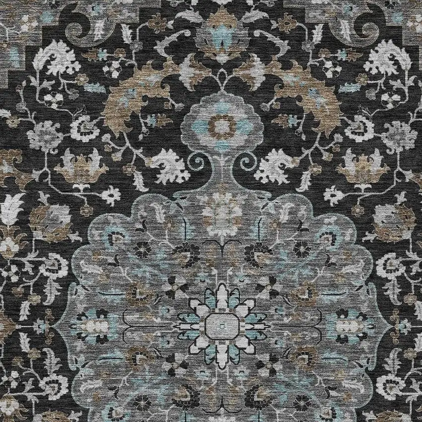 Black And Gray Floral Medallion Washable Indoor Outdoor Area Rug Photo 3