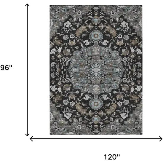 Black And Gray Floral Medallion Washable Indoor Outdoor Area Rug Photo 7