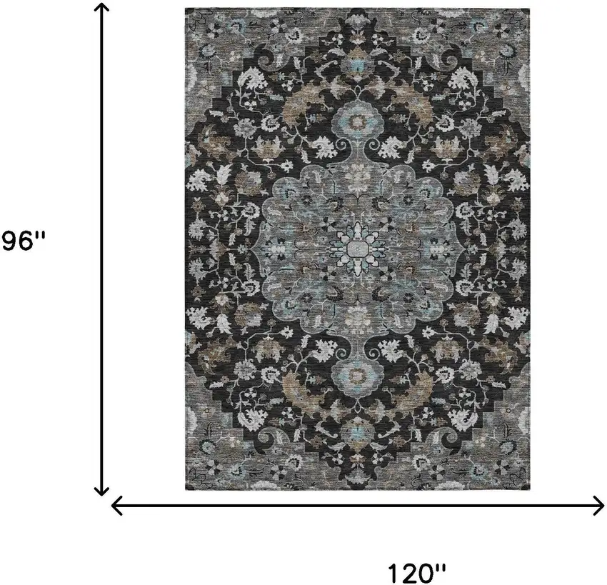 Black And Gray Floral Medallion Washable Indoor Outdoor Area Rug Photo 7