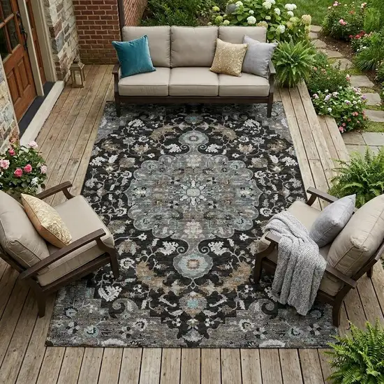 Black And Gray Floral Medallion Washable Indoor Outdoor Area Rug Photo 1