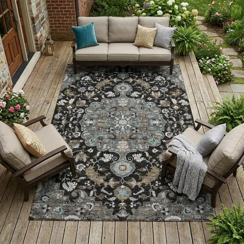 Black And Gray Floral Medallion Washable Indoor Outdoor Area Rug Photo 1