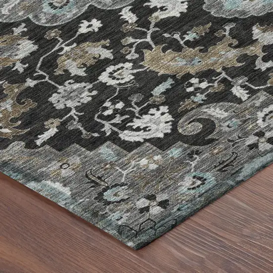 Black And Gray Floral Medallion Washable Indoor Outdoor Area Rug Photo 5