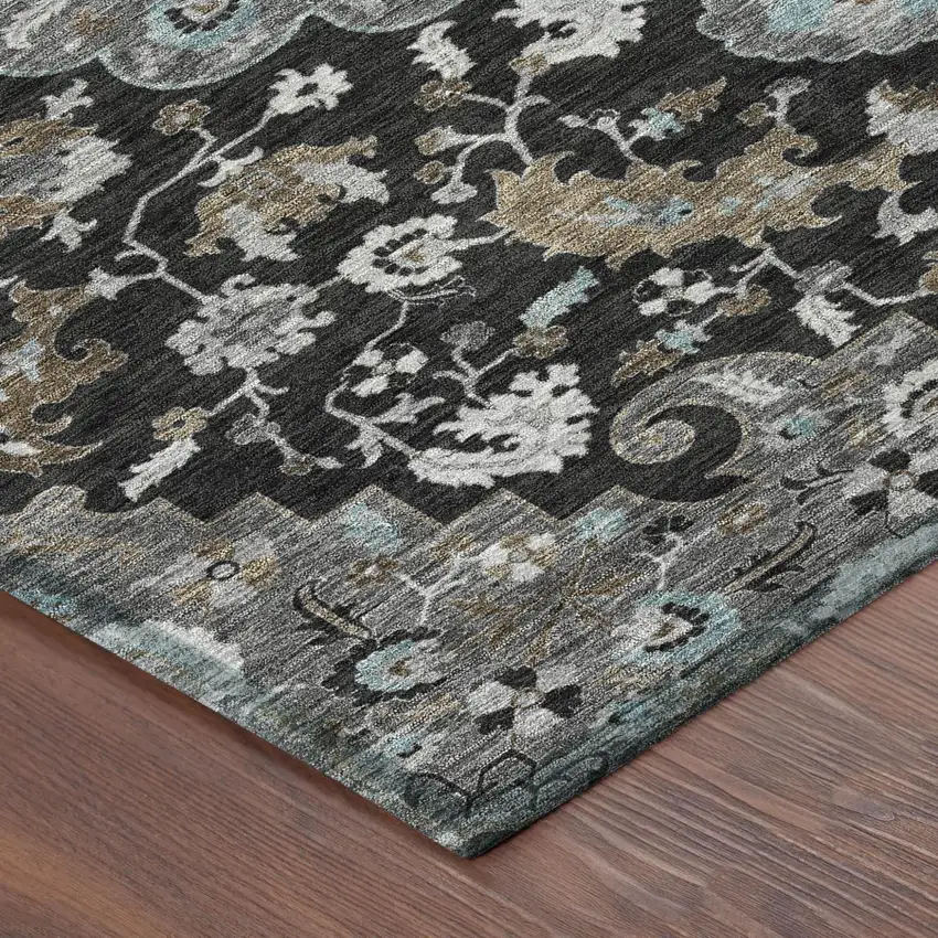 Black And Gray Floral Medallion Washable Indoor Outdoor Area Rug Photo 5