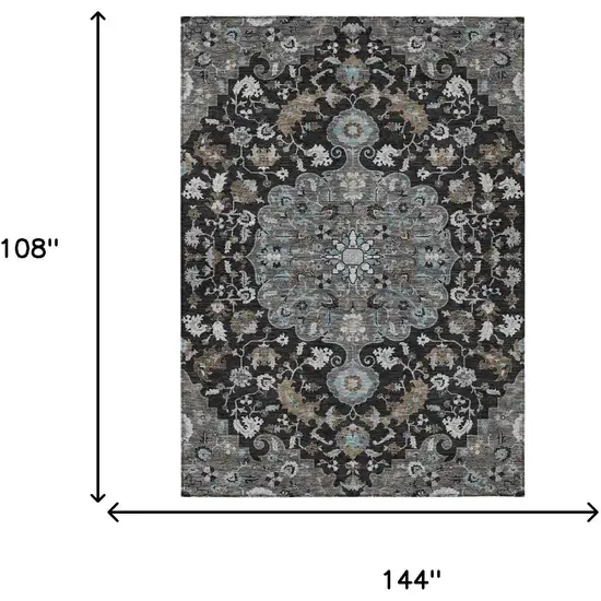 Black And Gray Floral Medallion Washable Indoor Outdoor Area Rug Photo 7