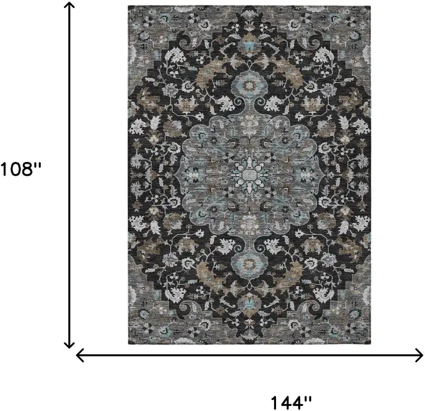 Black And Gray Floral Medallion Washable Indoor Outdoor Area Rug Photo 7