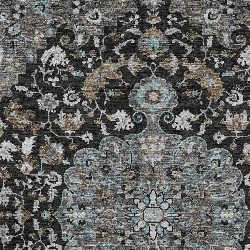 Black And Gray Floral Medallion Washable Indoor Outdoor Area Rug Photo 3
