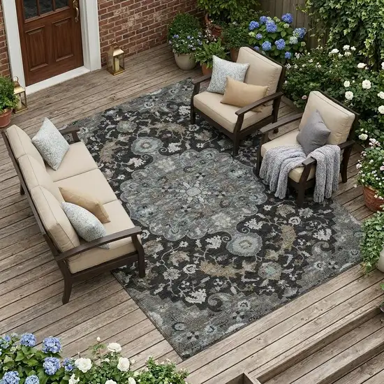 Black And Gray Floral Medallion Washable Indoor Outdoor Area Rug Photo 1