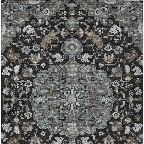 Black And Gray Floral Medallion Washable Indoor Outdoor Area Rug Photo 4
