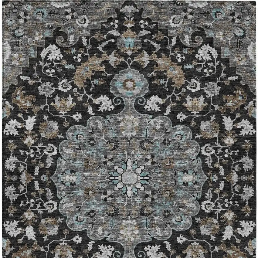Black And Gray Floral Medallion Washable Indoor Outdoor Area Rug Photo 4