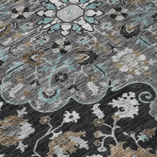Black And Gray Floral Medallion Washable Indoor Outdoor Area Rug Photo 6