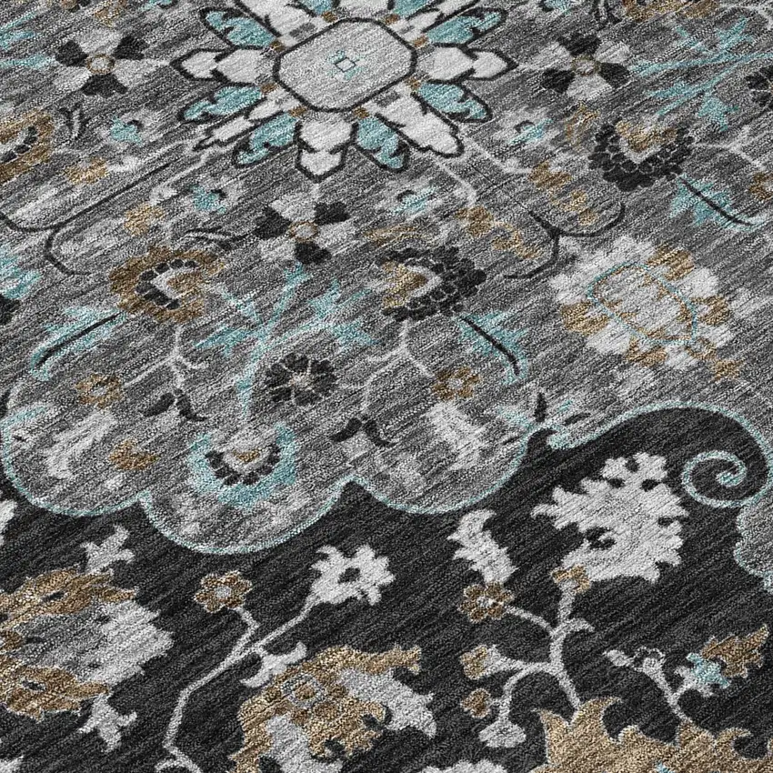 Black And Gray Floral Medallion Washable Indoor Outdoor Area Rug Photo 6