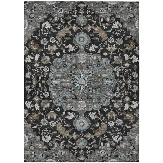Black And Gray Floral Medallion Washable Indoor Outdoor Area Rug Photo 2