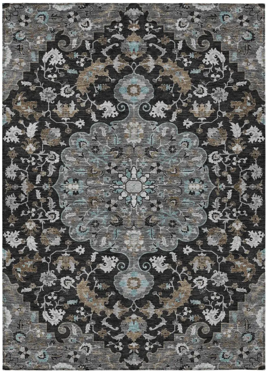 Black And Gray Floral Medallion Washable Indoor Outdoor Area Rug Photo 2