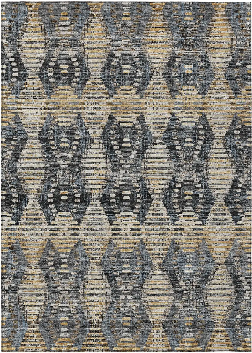 Black And Gray Floral Medallion Washable Indoor Outdoor Area Rug Photo 1