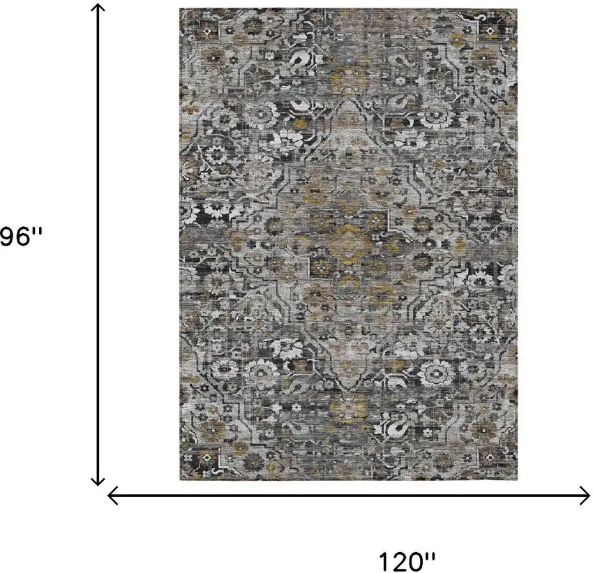 Black And Gray Floral Medallion Washable Indoor Outdoor Area Rug Photo 5