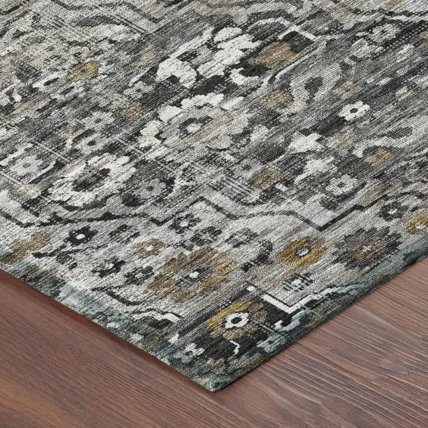 Black And Gray Floral Medallion Washable Indoor Outdoor Area Rug Photo 3