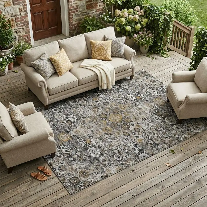 Black And Gray Floral Medallion Washable Indoor Outdoor Area Rug Photo 1
