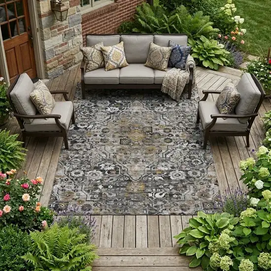 Black And Gray Floral Medallion Washable Indoor Outdoor Area Rug Photo 1