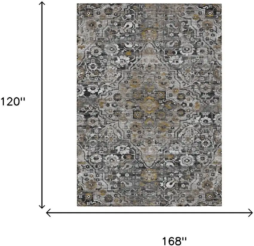 Black And Gray Floral Medallion Washable Indoor Outdoor Area Rug Photo 5