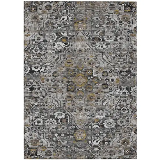 Black And Gray Floral Medallion Washable Indoor Outdoor Area Rug Photo 2