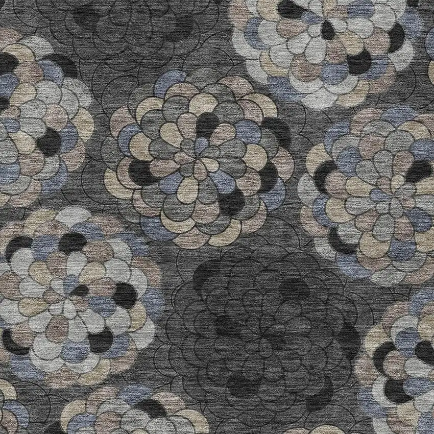 Black And Gray Floral Washable Indoor Outdoor Area Rug Photo 2