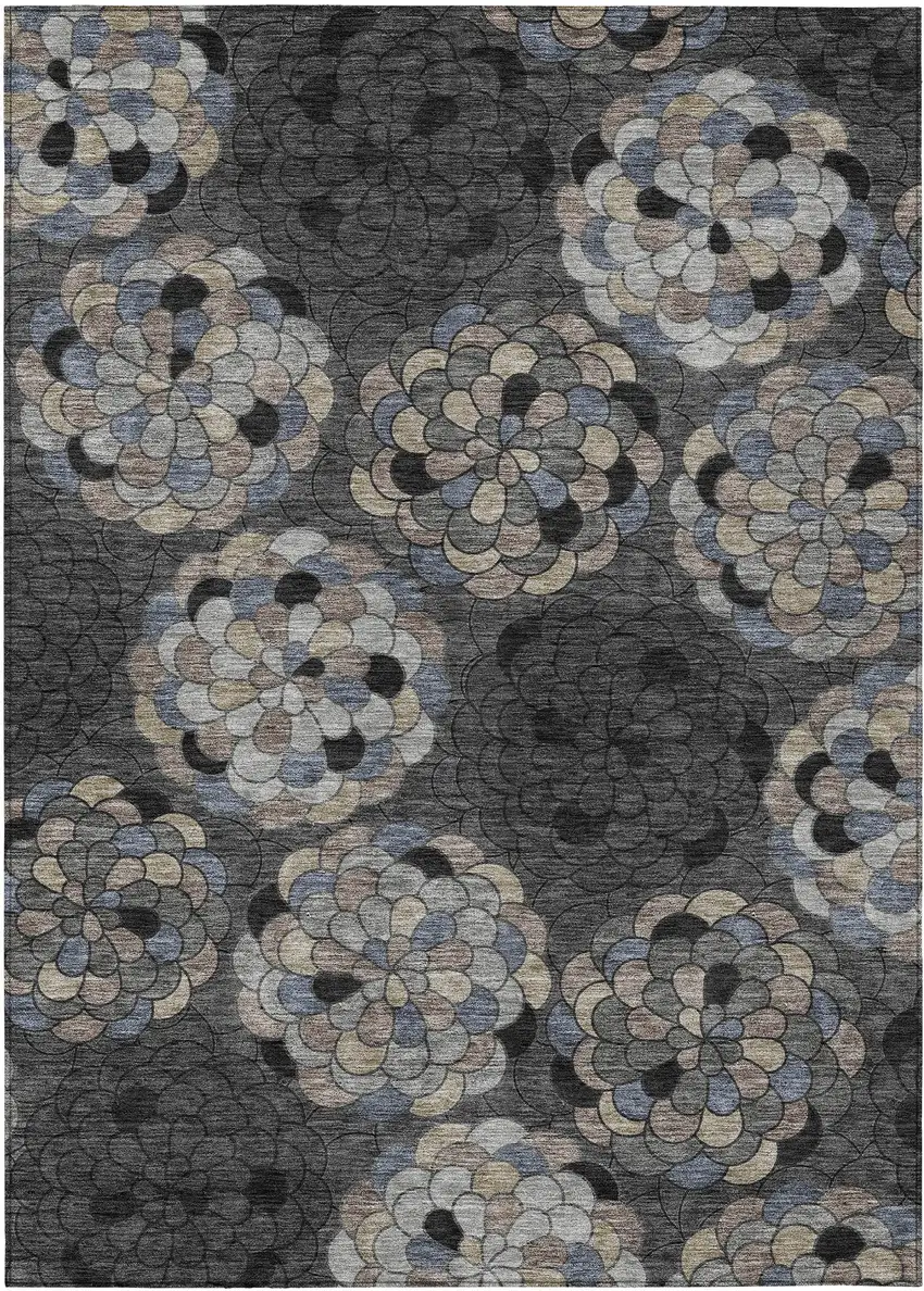 Black And Gray Floral Washable Indoor Outdoor Area Rug Photo 1