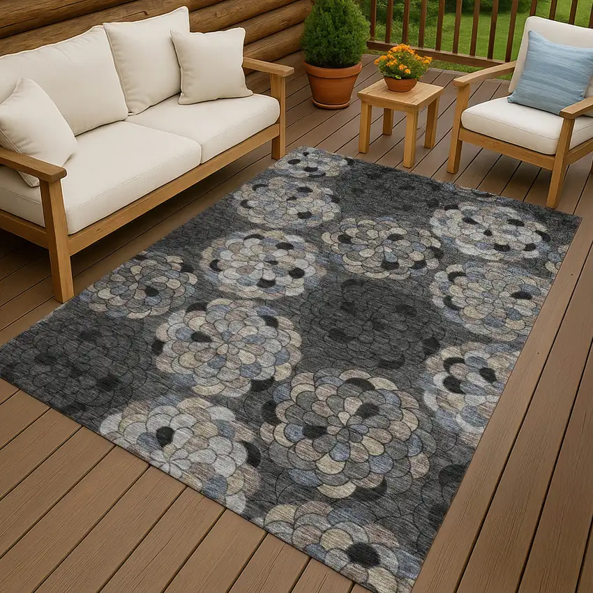 Black And Gray Floral Washable Indoor Outdoor Area Rug Photo 4