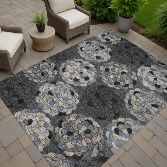 Black And Gray Floral Washable Indoor Outdoor Area Rug Photo 7