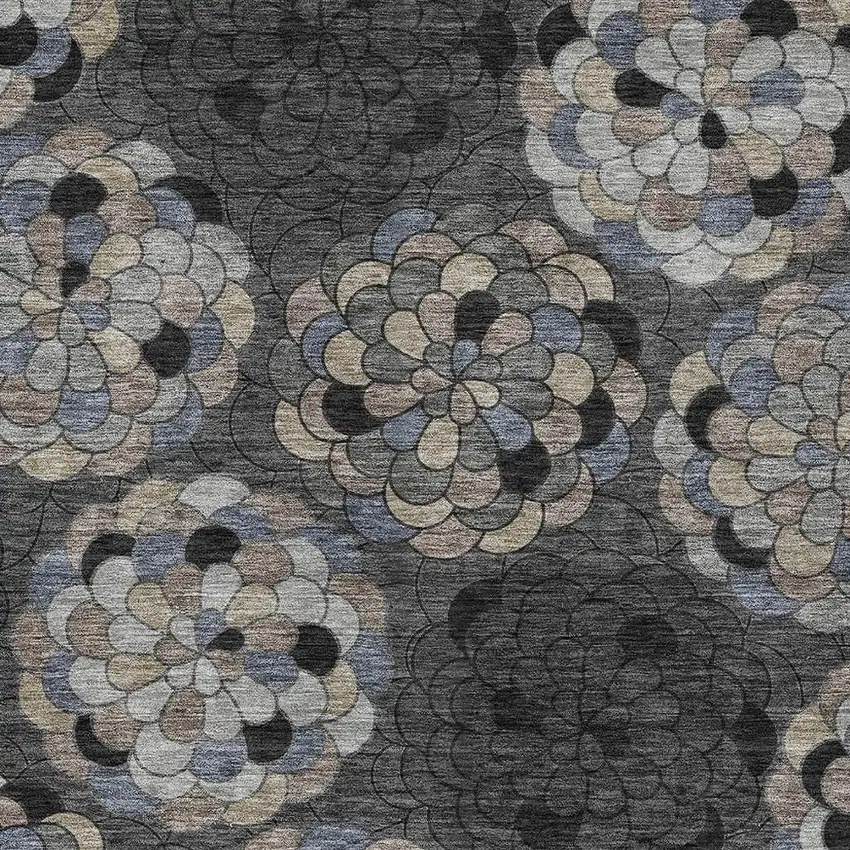 Black And Gray Floral Washable Indoor Outdoor Area Rug Photo 2