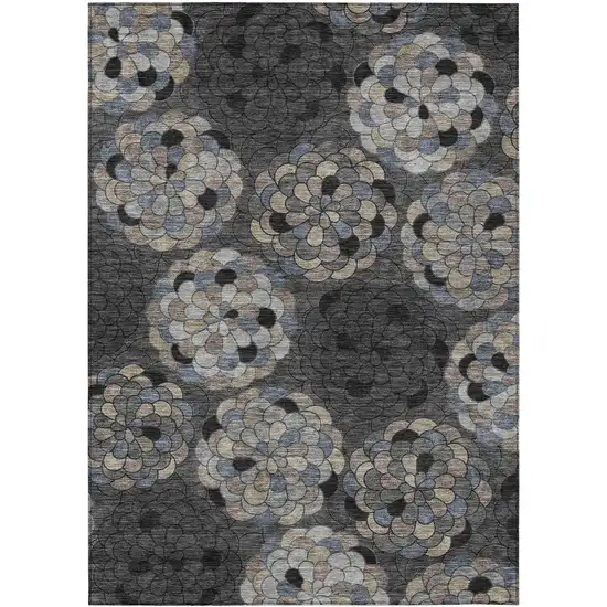 Black And Gray Floral Washable Indoor Outdoor Area Rug Photo 1