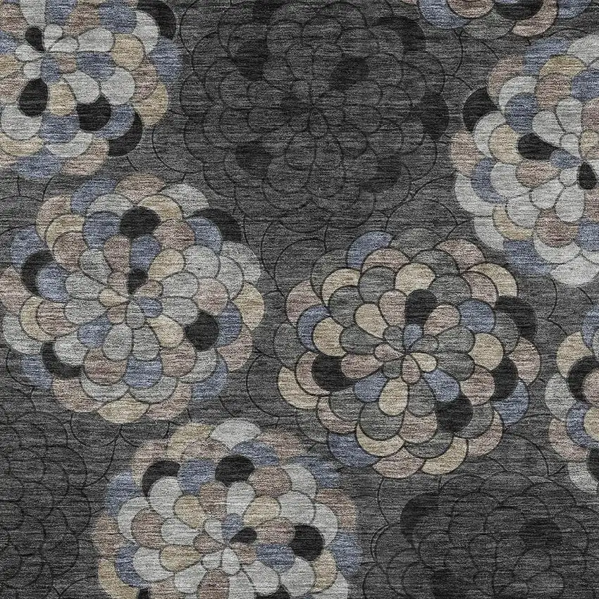 Black And Gray Floral Washable Indoor Outdoor Area Rug Photo 2