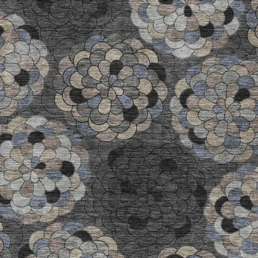 Black And Gray Floral Washable Indoor Outdoor Area Rug Photo 2