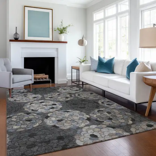 Black And Gray Floral Washable Indoor Outdoor Area Rug Photo 6